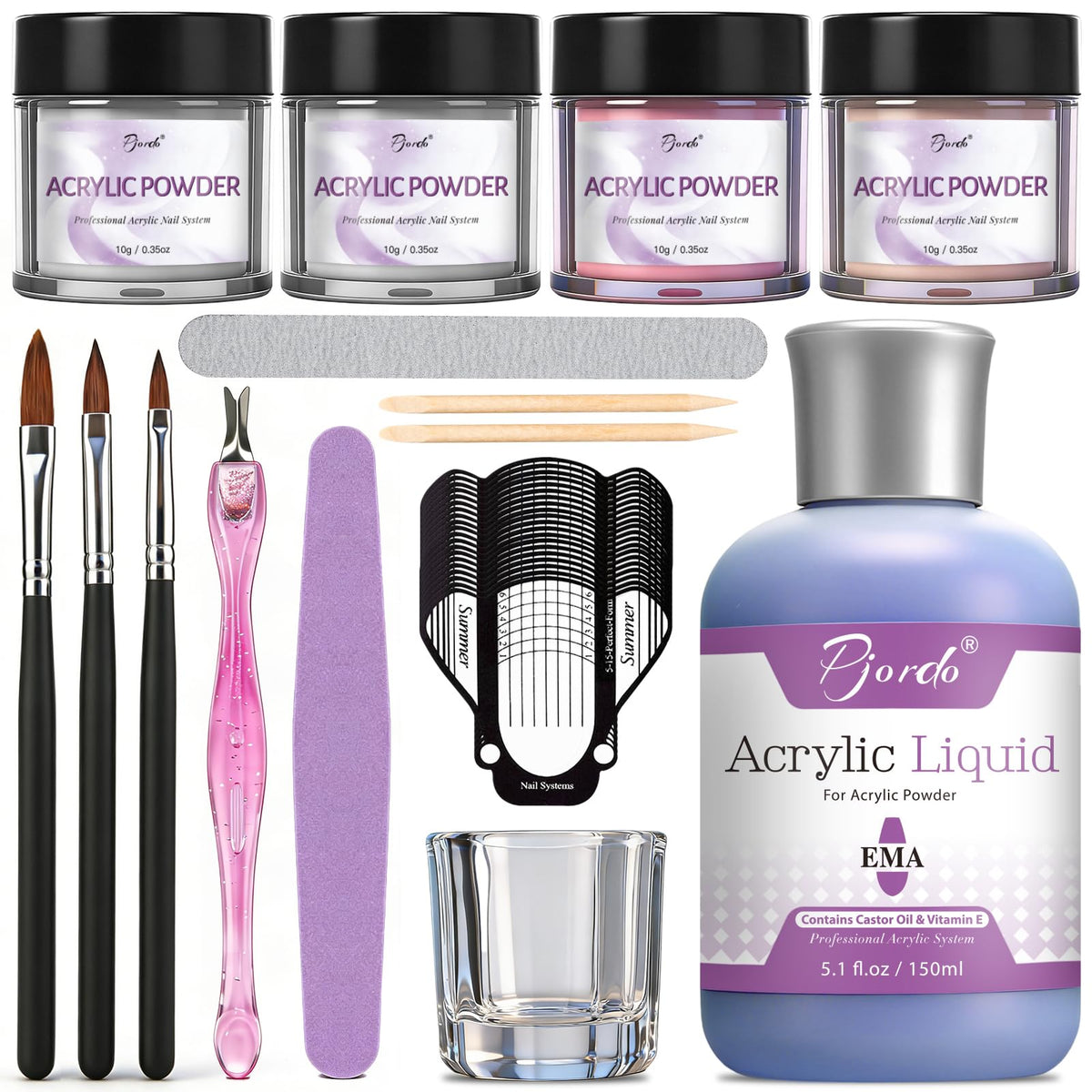 Pjordo front packaging showing full acrylic kit and included tools benefit clear organization