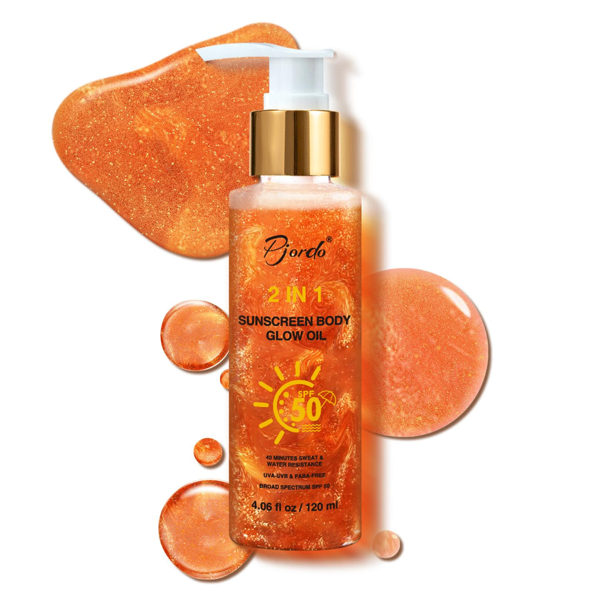 Pjordo front packaging showing rose gold bottle and SPF information for travel convenience