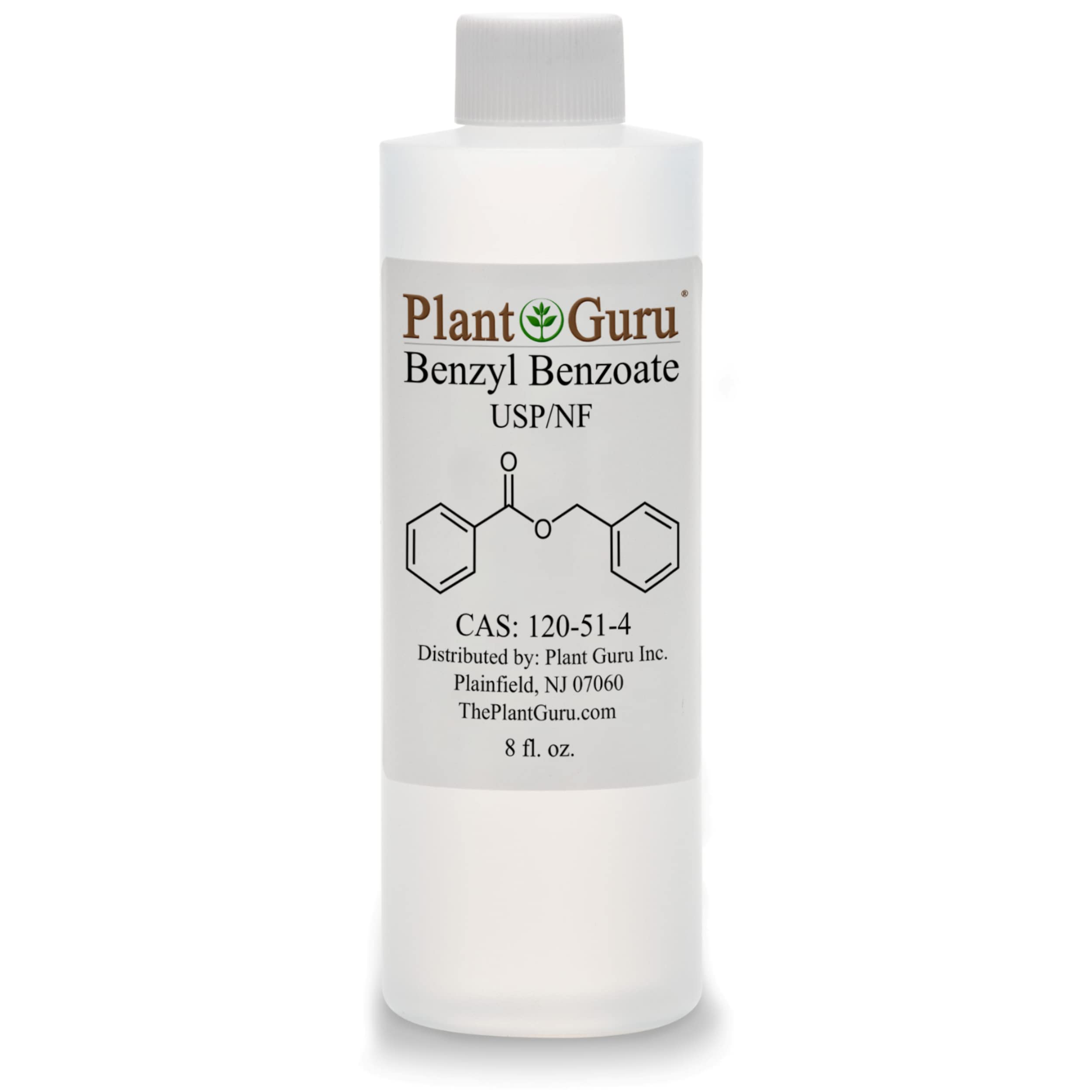 Plant Guru front bottle of benzyl benzoate USP grade showing product and size