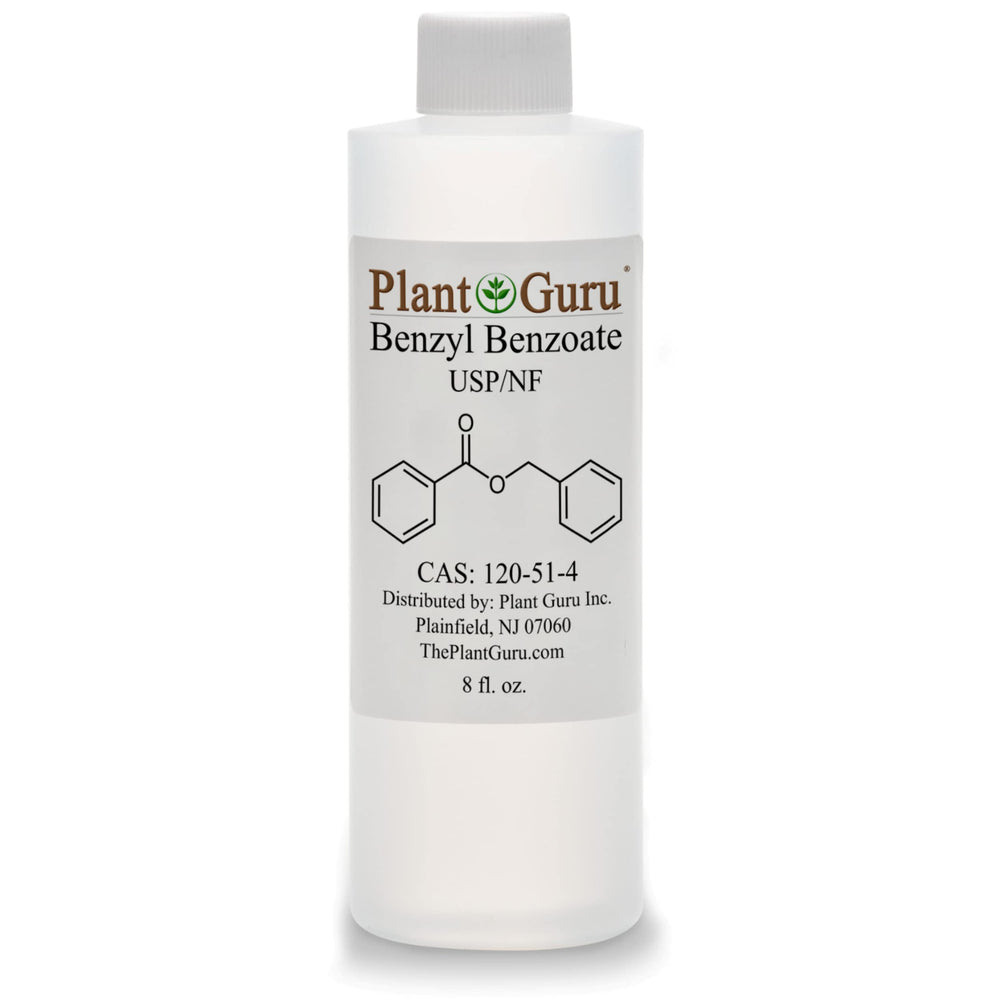 Plant Guru front bottle of benzyl benzoate USP grade showing product and size