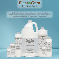 Plant Guru benzyl benzoate on a formulator workbench showing DIY use