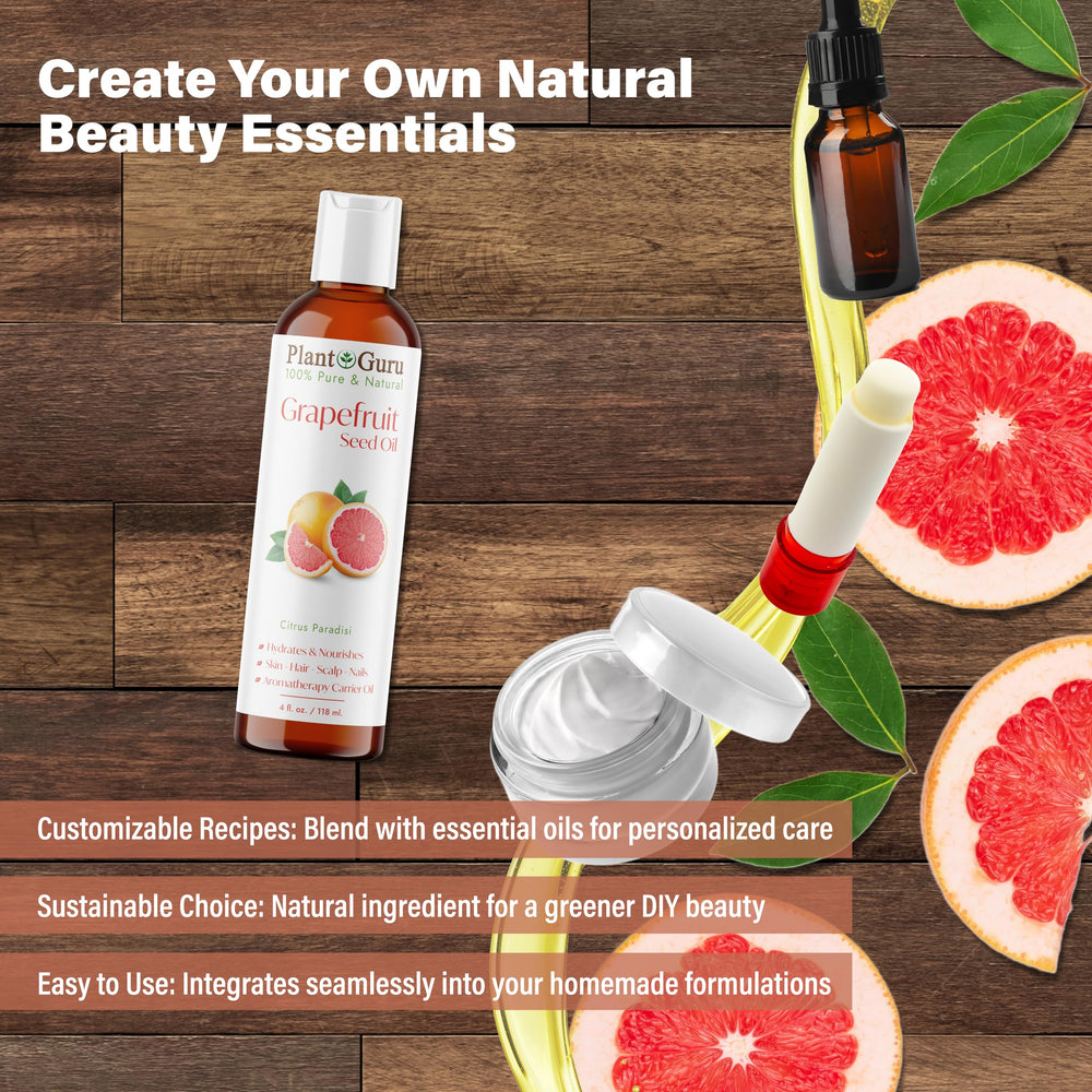 Plant Guru oil beside DIY lip balm tools illustrating versatility for homemade cosmetics