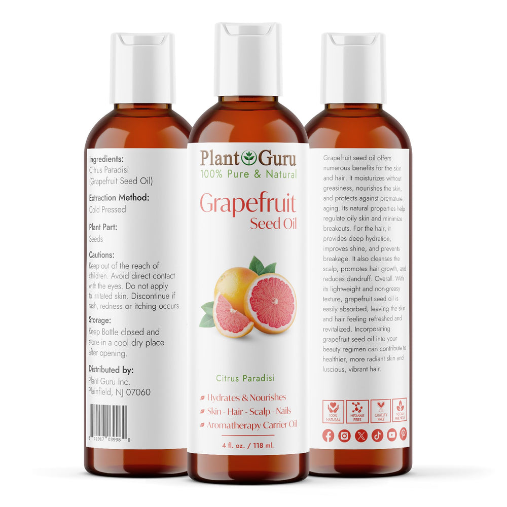 Plant Guru label close-up highlighting cold-pressed, 100% pure ingredient information