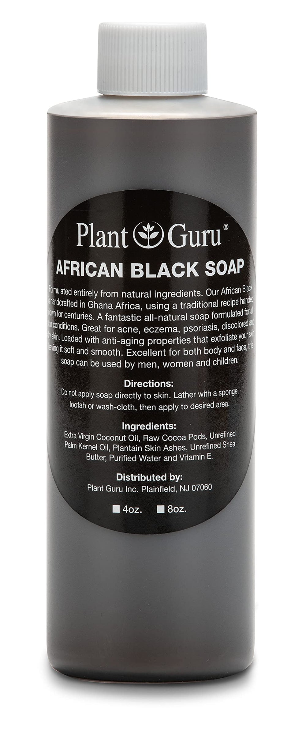 Plant Guru liquid black soap front bottle showing natural cleanser benefits