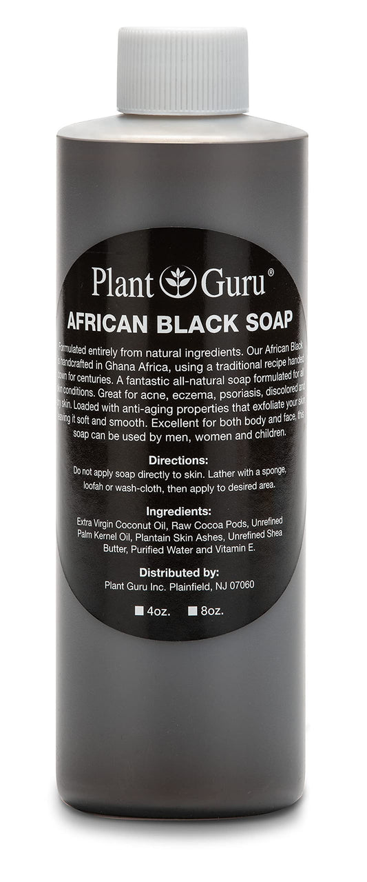 Plant Guru liquid black soap front bottle showing natural cleanser benefits
