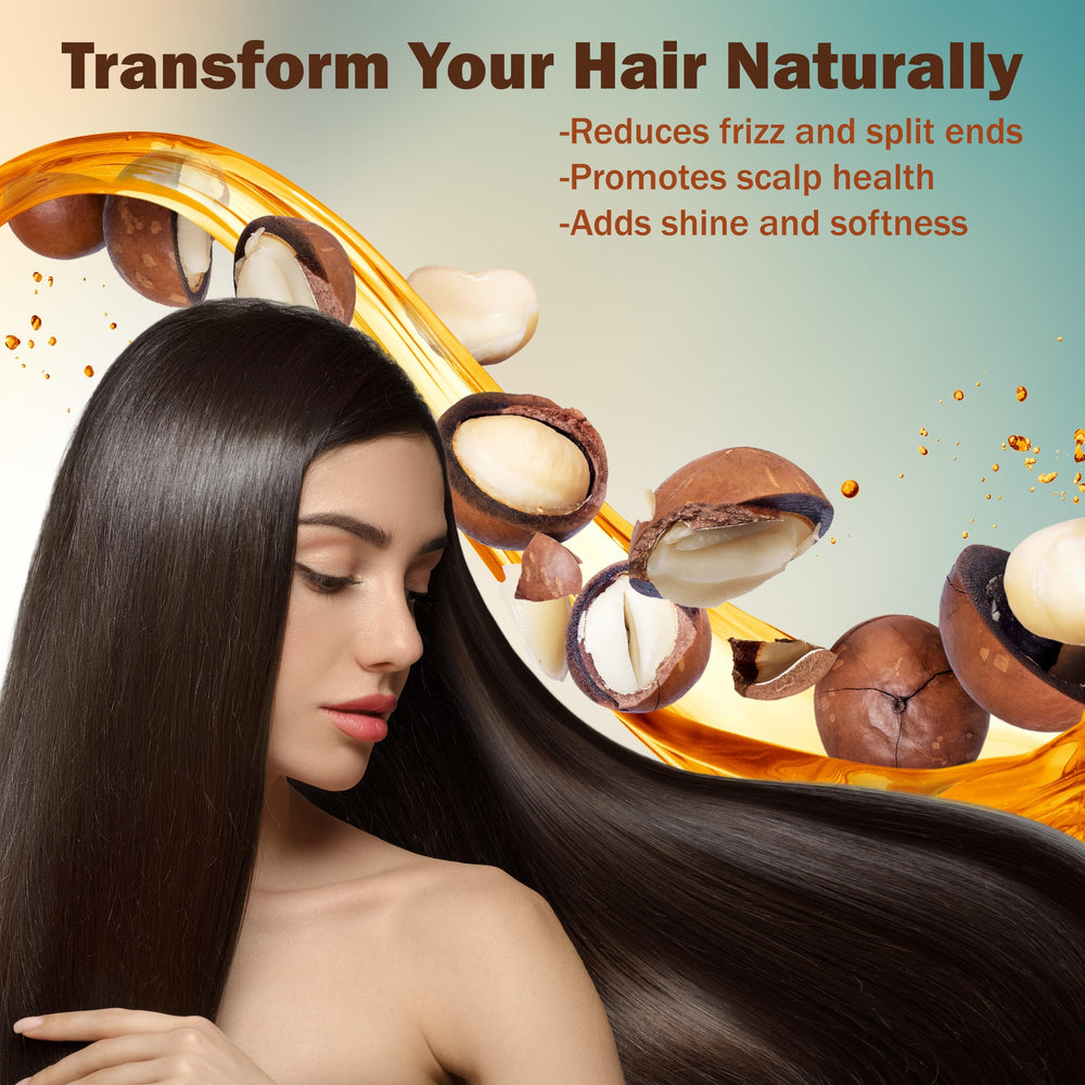 Plant Guru macadamia oil applied to hair ends for smoother, shinier hair