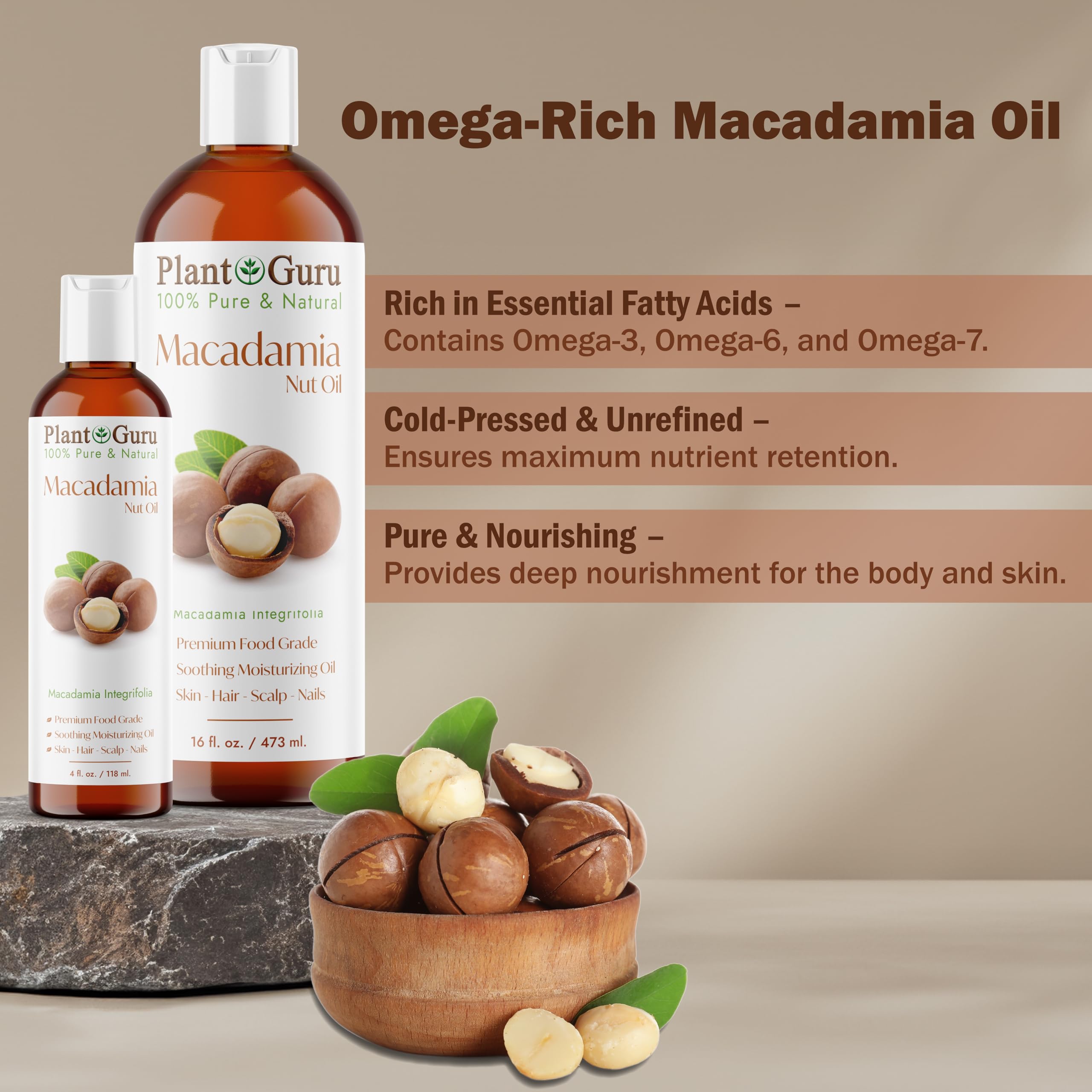 Plant Guru macadamia oil pouring to show light texture and absorption