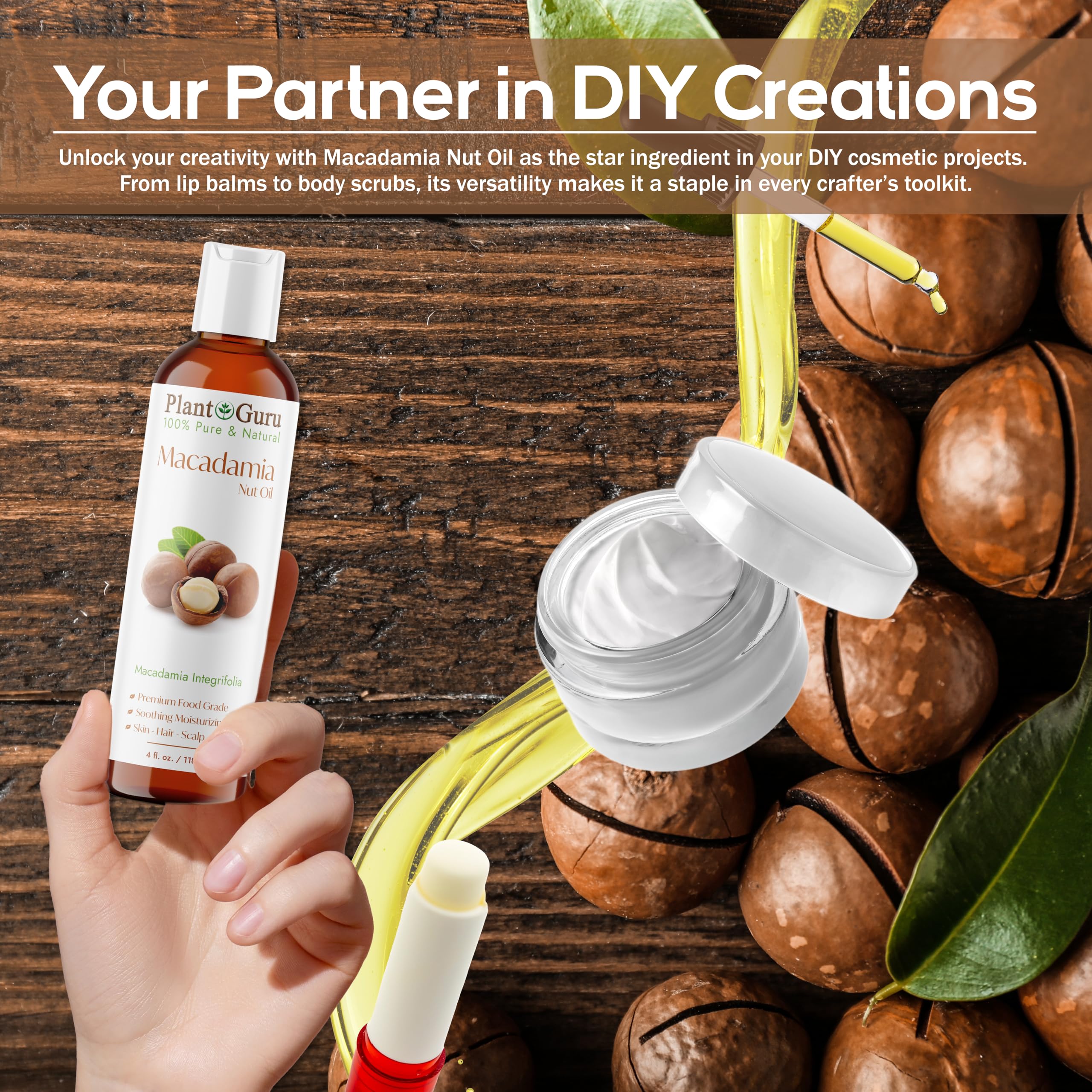 Plant Guru macadamia 4 fl oz bottle next to common items showing size