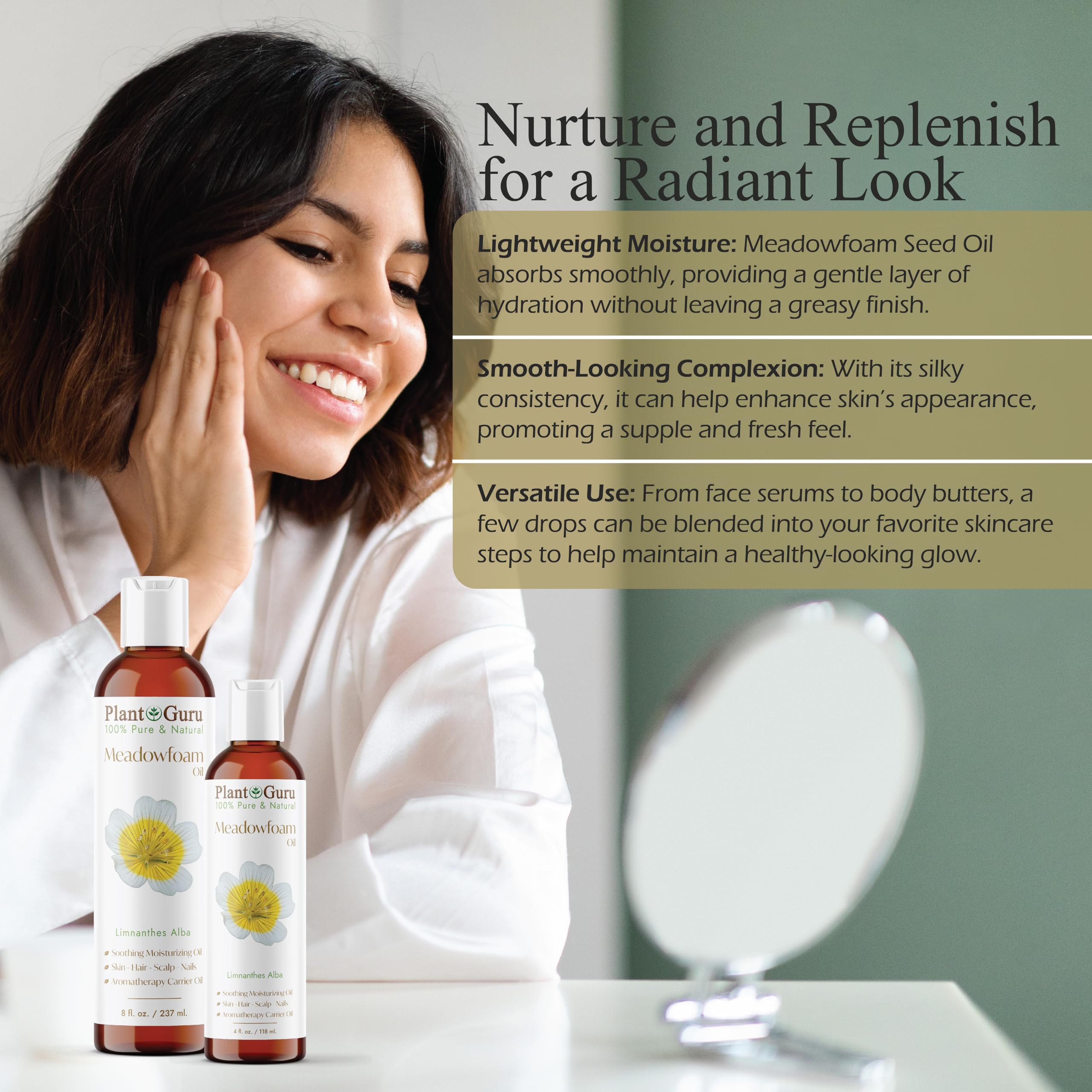 Plant Guru meadowfoam oil label close-up highlighting cold-pressed purity