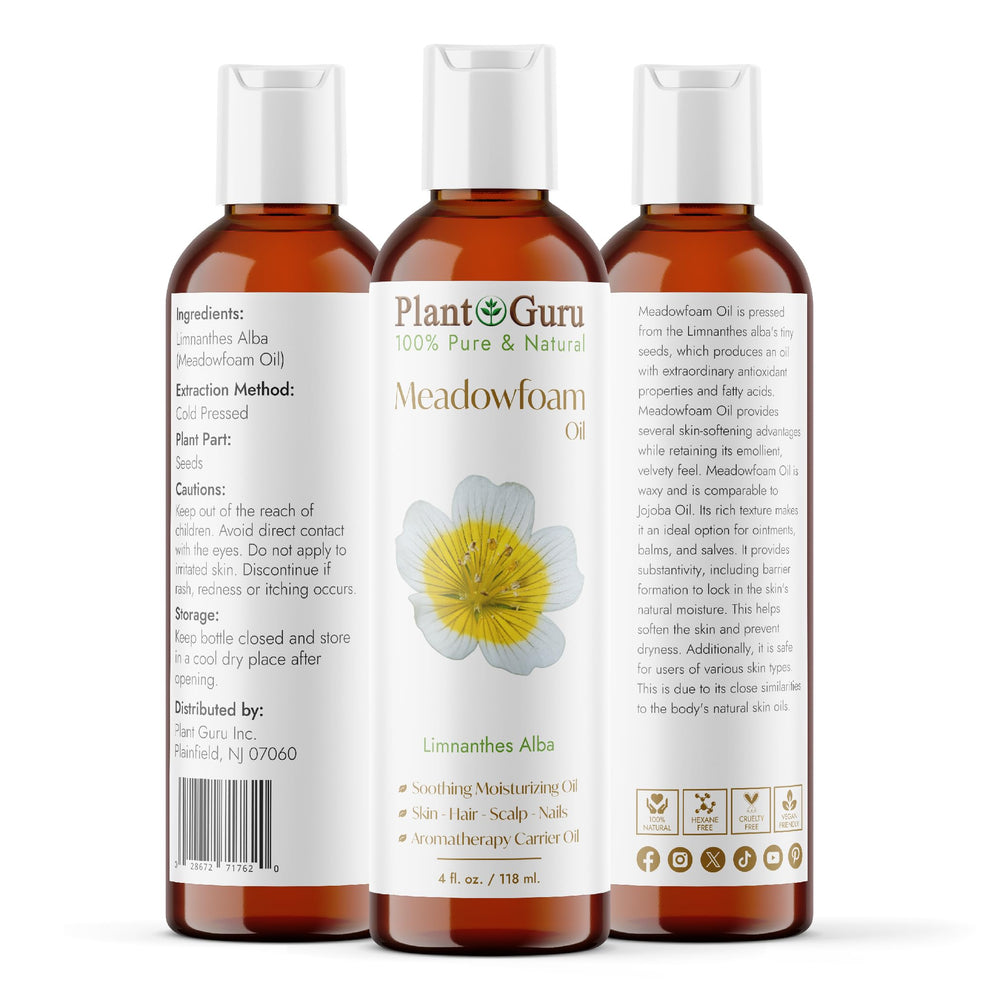 Plant Guru meadowfoam oil pouring from bottle showing smooth pourability benefit