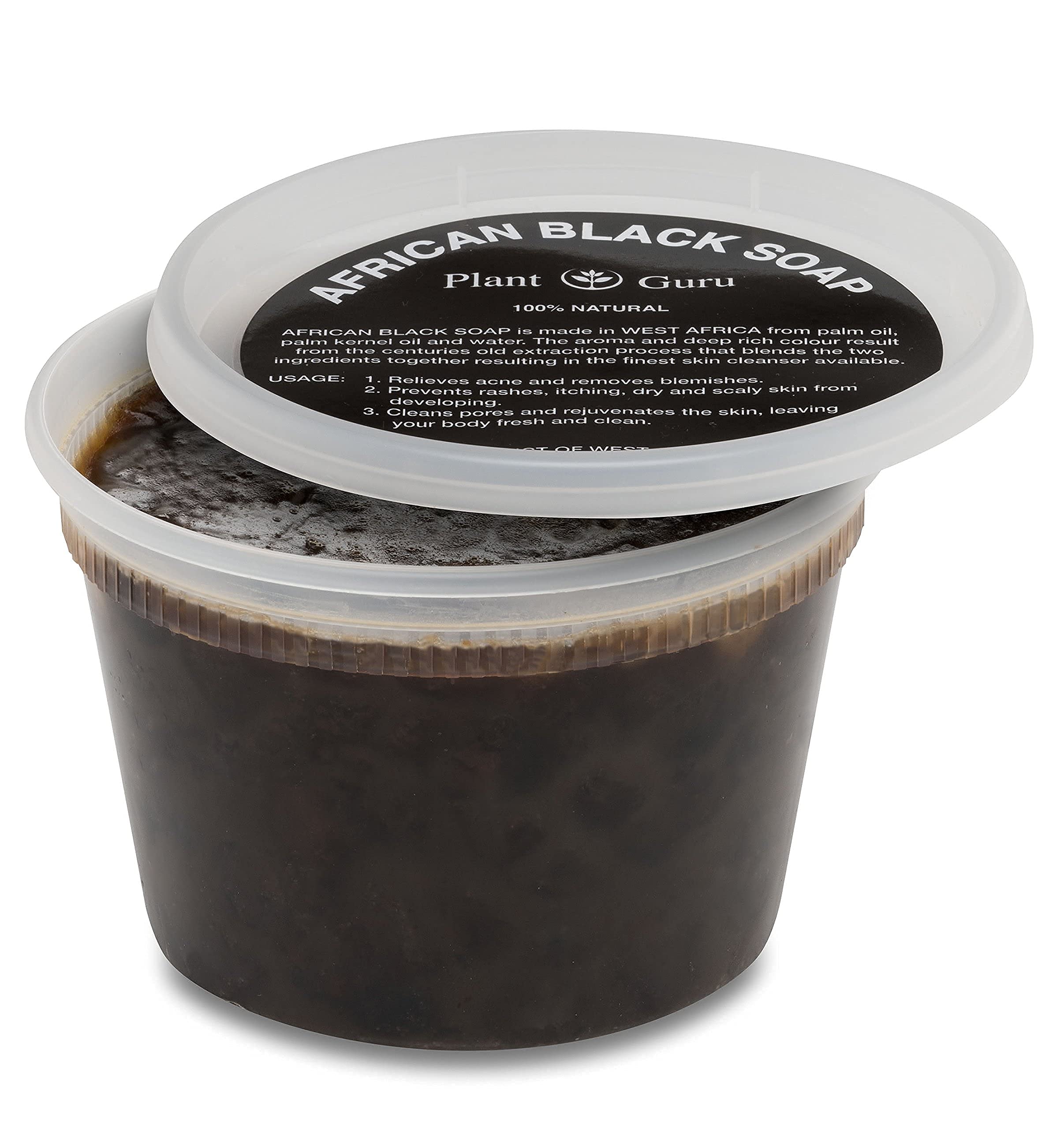 Plant Guru open jar revealing dark paste texture, easy scoop and concentrated formula