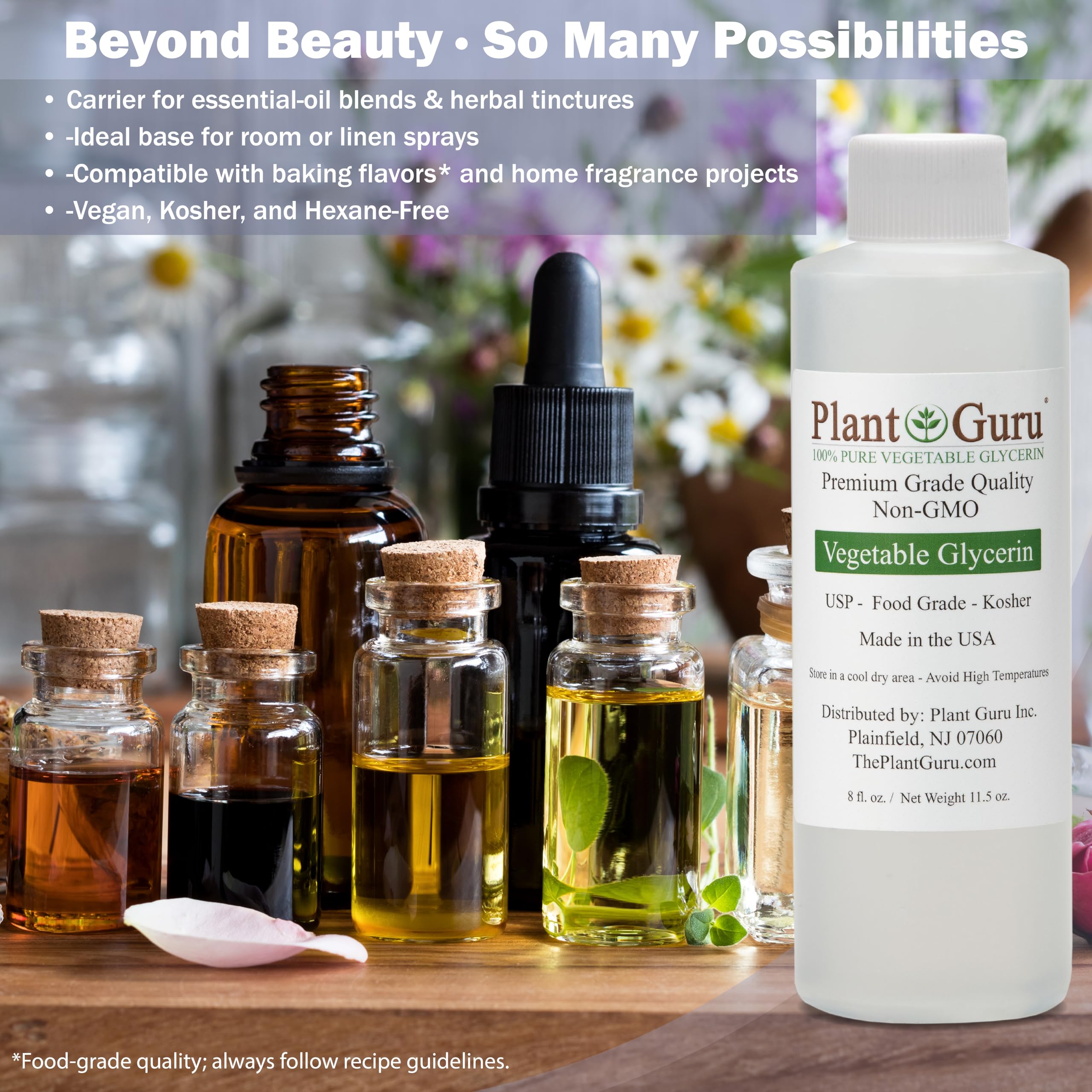 Plant Guru 8 oz bottle beside common household items for size comparison