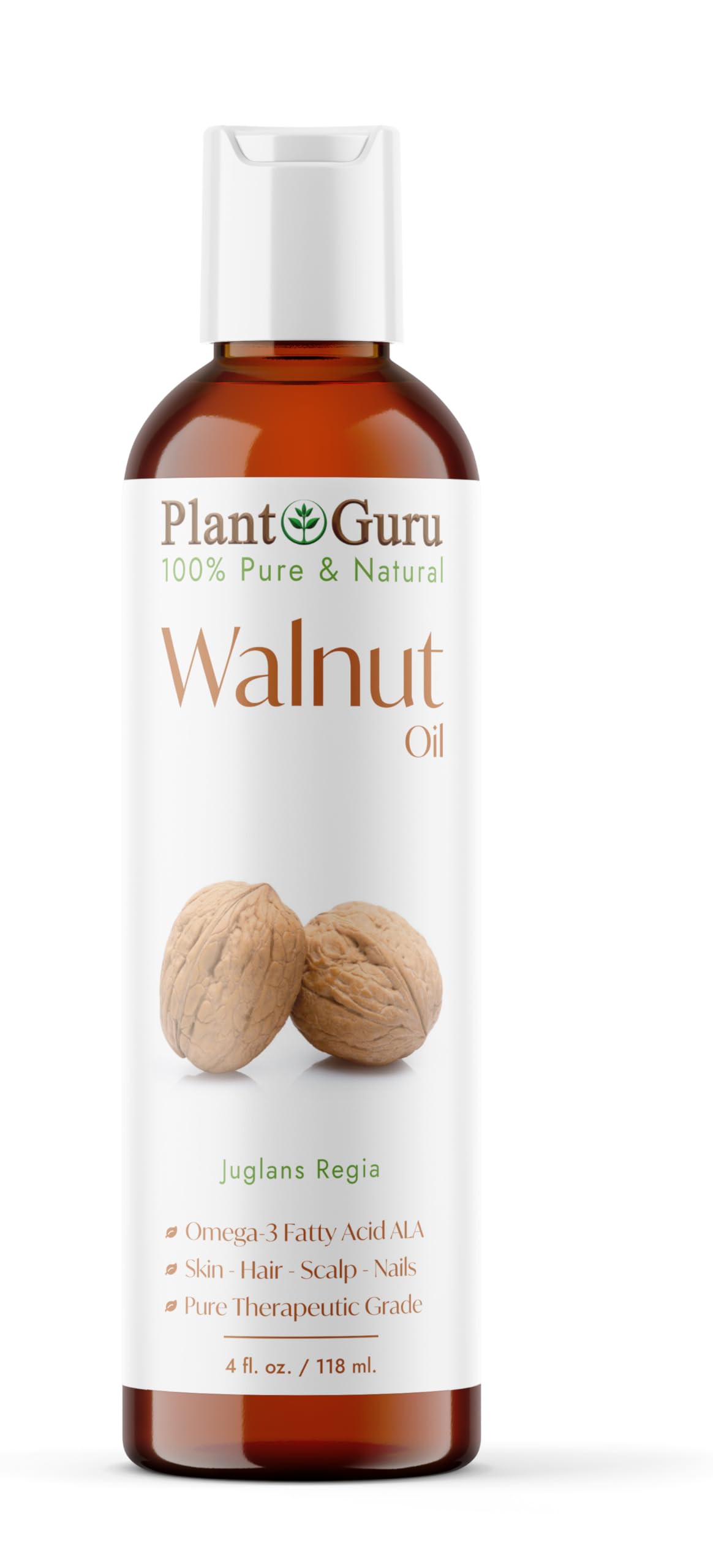 Plant Guru bottle front label showing pure walnut oil branding and clear benefits