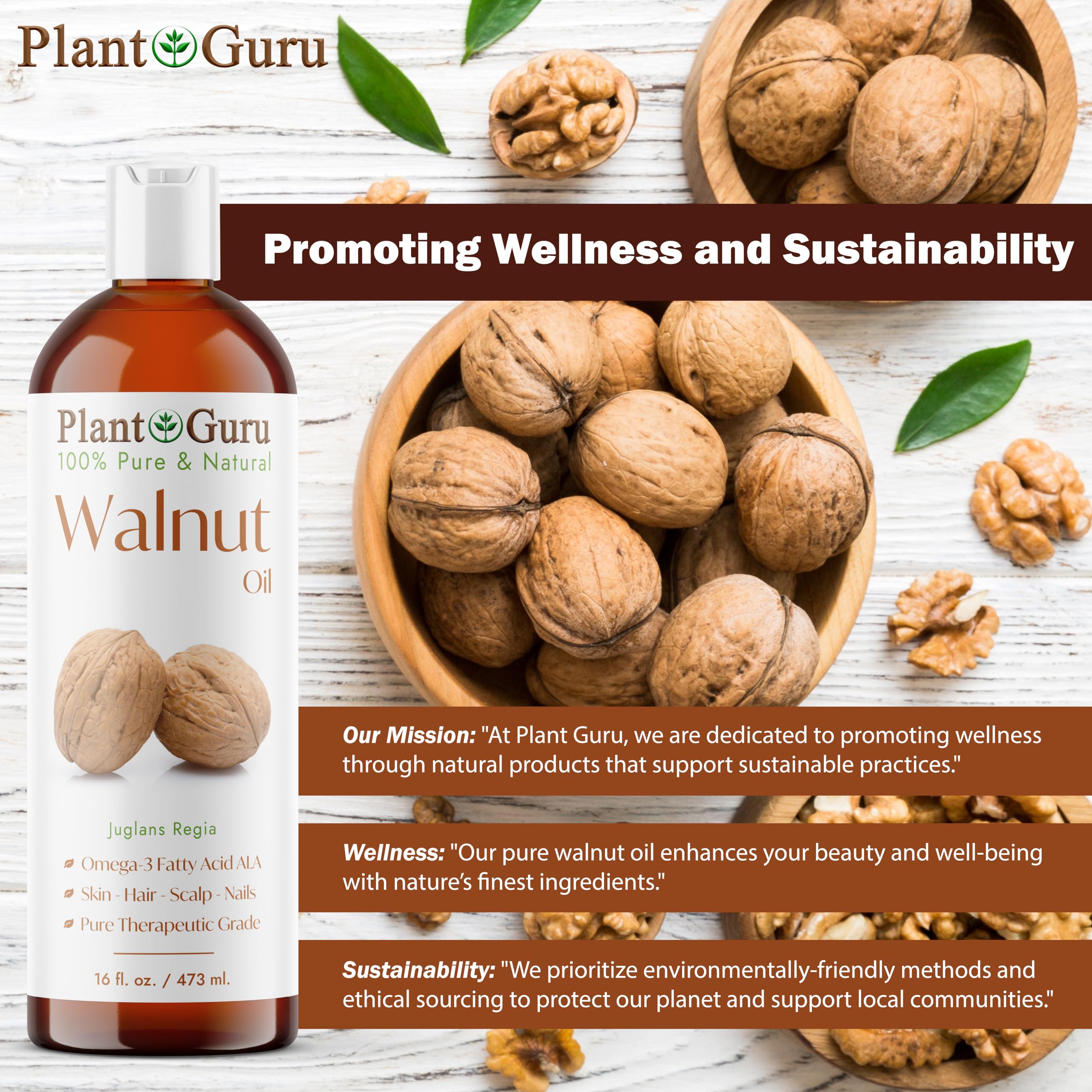 Plant Guru walnut oil on bathroom counter next to towel suggesting everyday grooming ritual