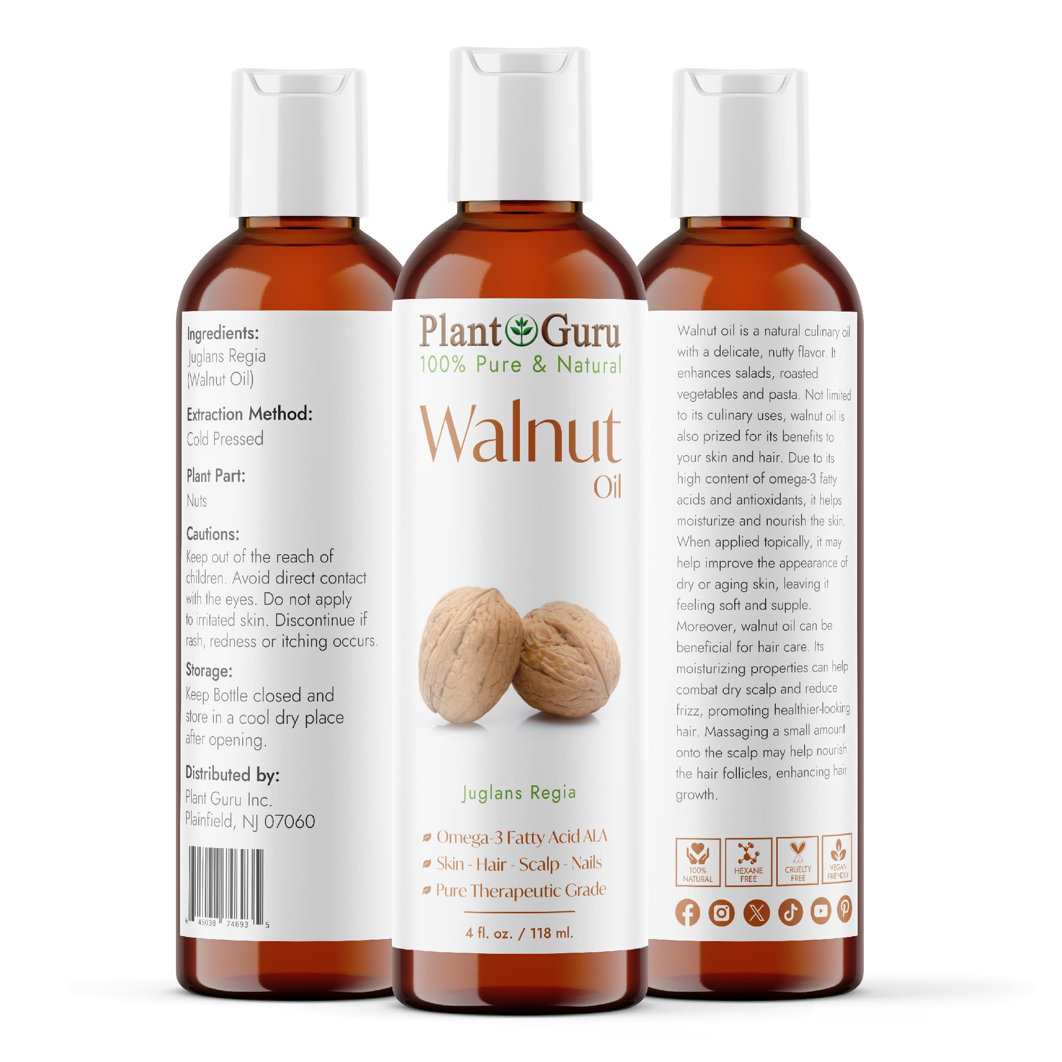 Plant Guru walnut oil pouring from bottle demonstrating lightweight consistency and easy use