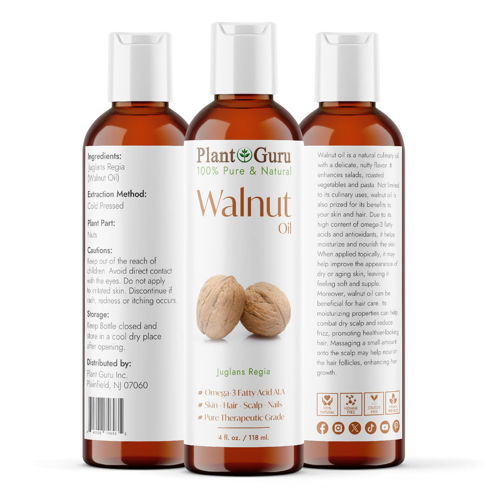 Plant Guru walnut oil pouring from bottle demonstrating lightweight consistency and easy use