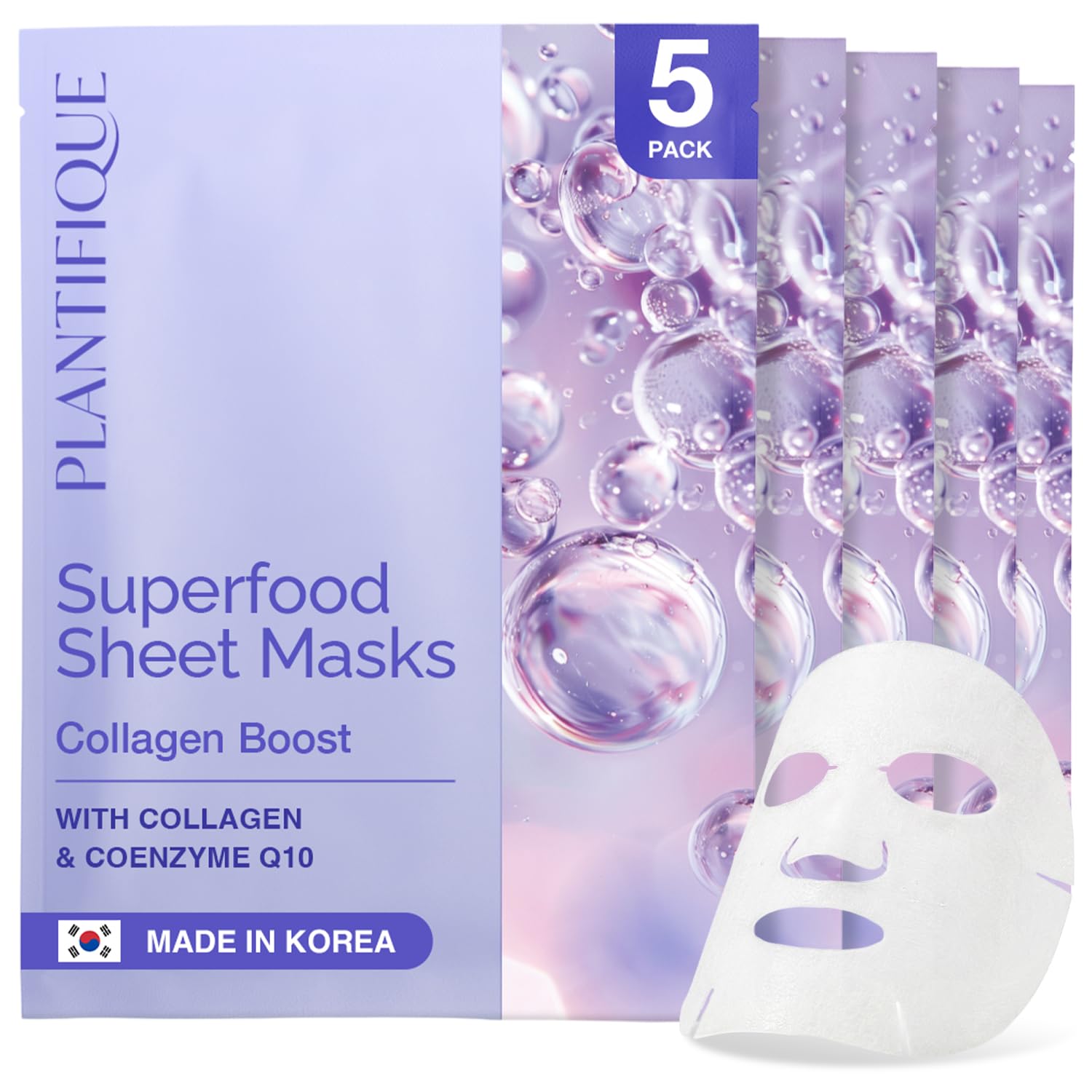 PLANTIFIQUE front packaging showing five individually wrapped masks and benefits