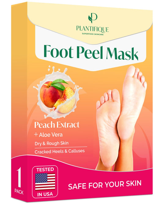 PLANTIFIQUE front packaging showing peach peel mask and benefits