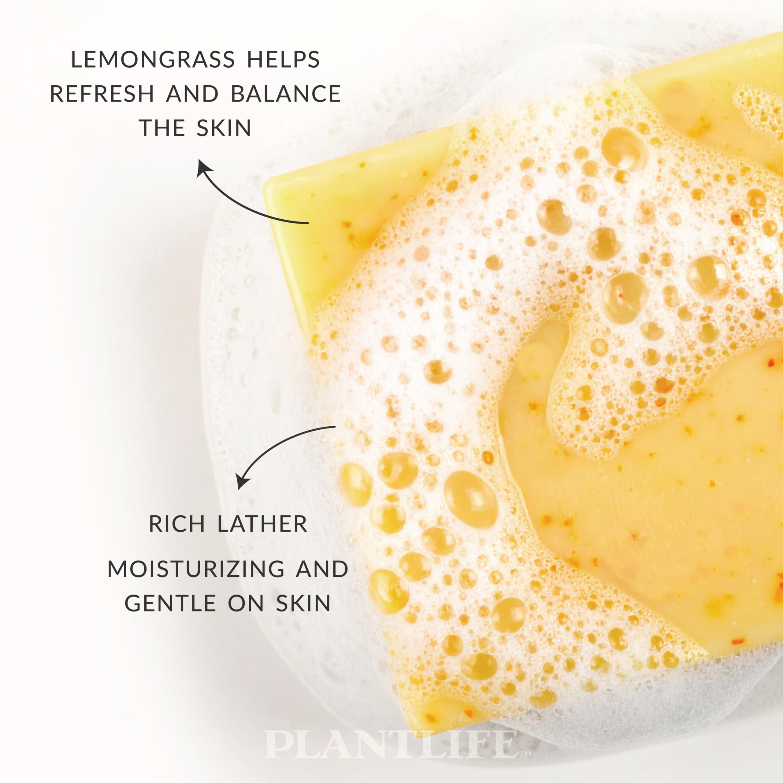 Plantlife lemongrass soap lather closeup demonstrating creamy, moisturizing suds