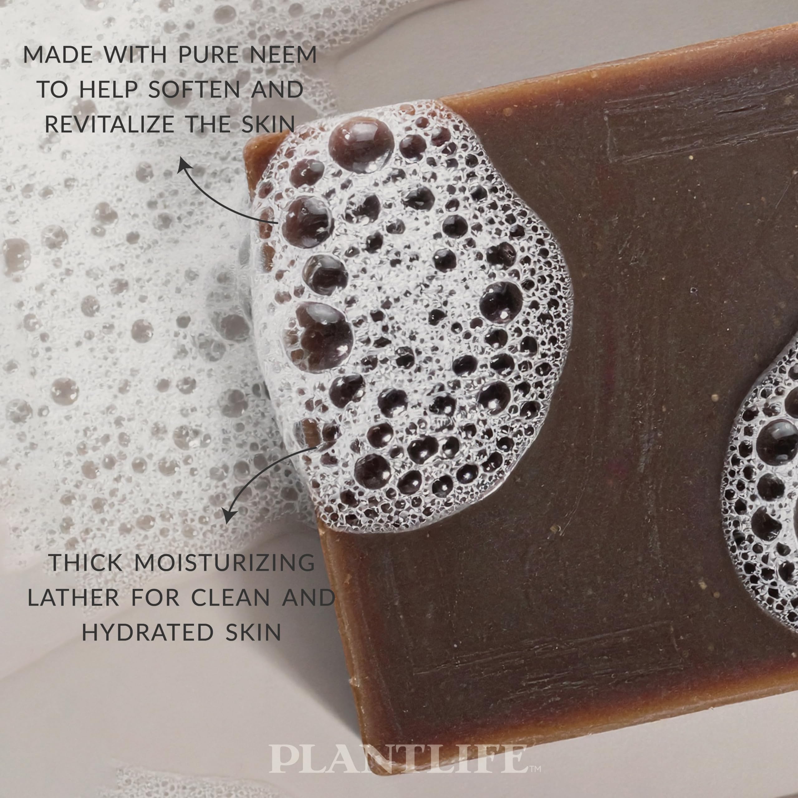 Plantlife neem bar close-up texture revealing handcrafted cold-process surface
