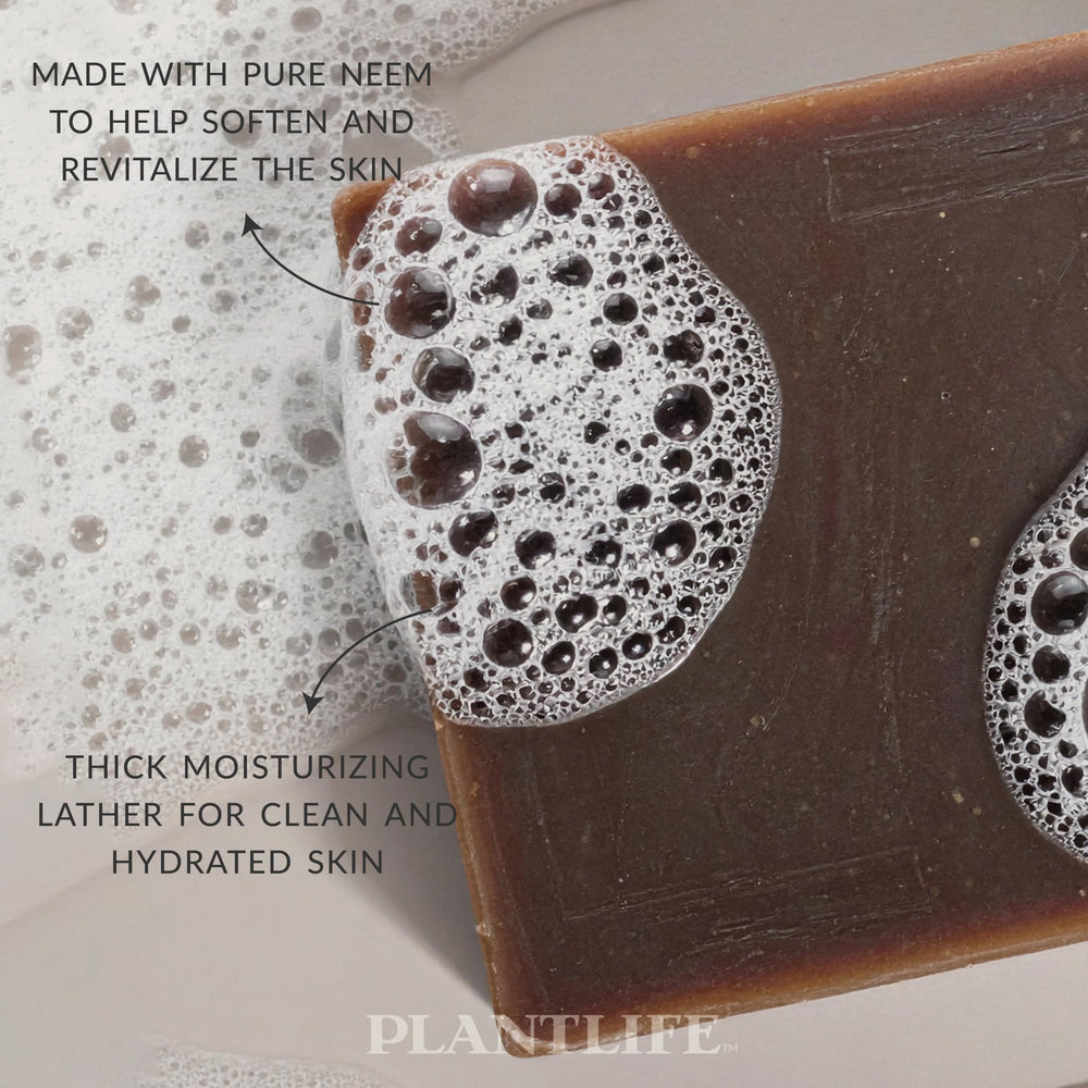 Plantlife neem bar close-up texture revealing handcrafted cold-process surface