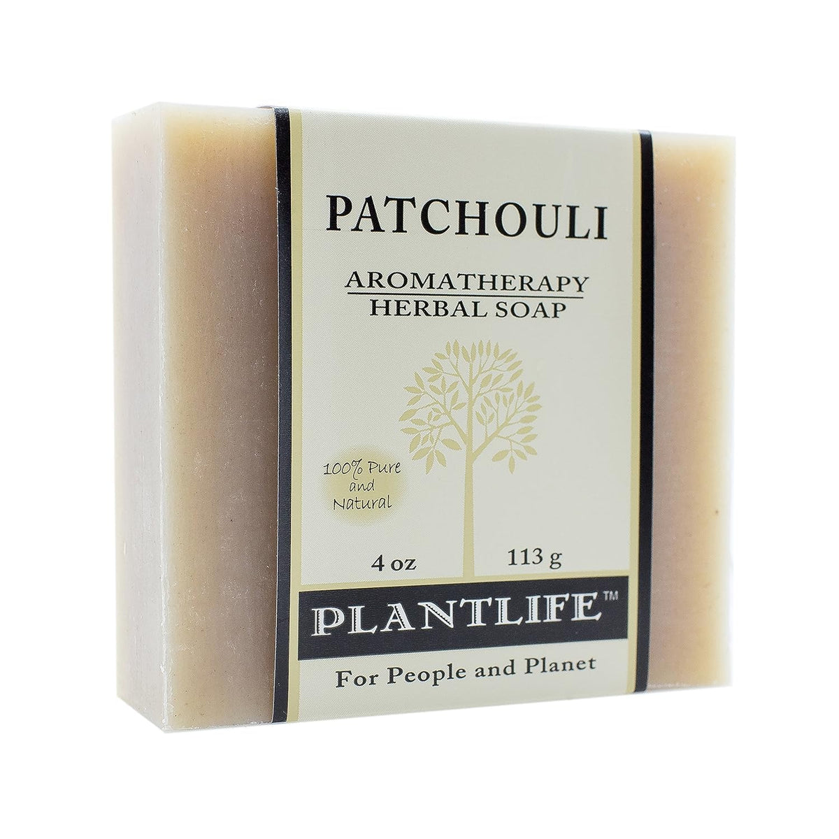 Plantlife patchouli bar soap front packaging showing brand and 4oz size, natural benefit