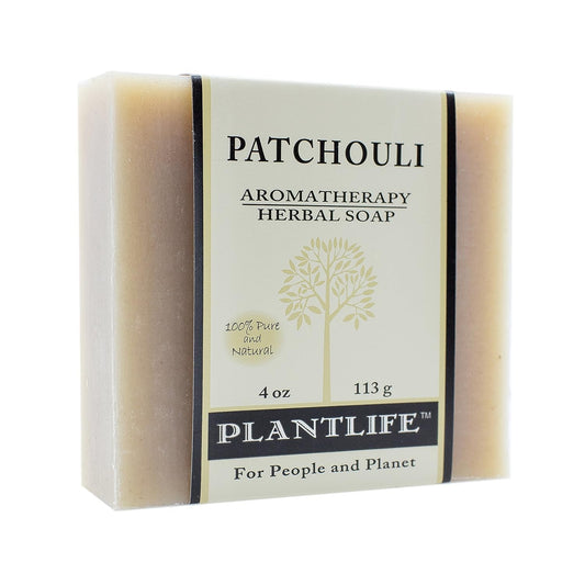 Plantlife patchouli bar soap front packaging showing brand and 4oz size, natural benefit