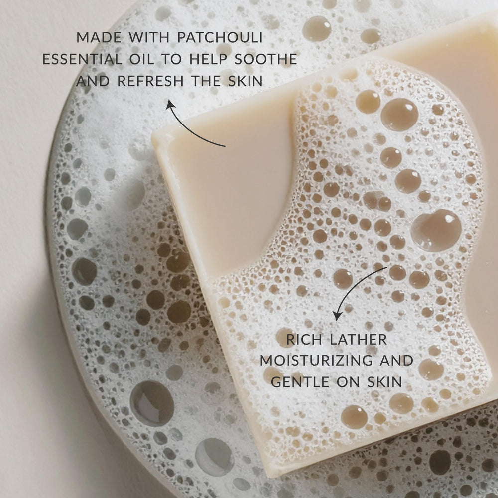 Plantlife patchouli bar soap lather in hand demonstrating gentle cleansing and hydrating foam