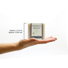 Plantlife patchouli bar soap in a minimalist bathroom setting conveying calming, aromatic use
