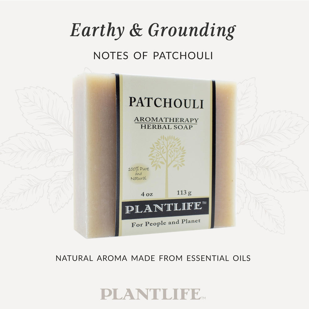 Plantlife patchouli bar soap resting on ventilated soap dish to illustrate long-lasting storage