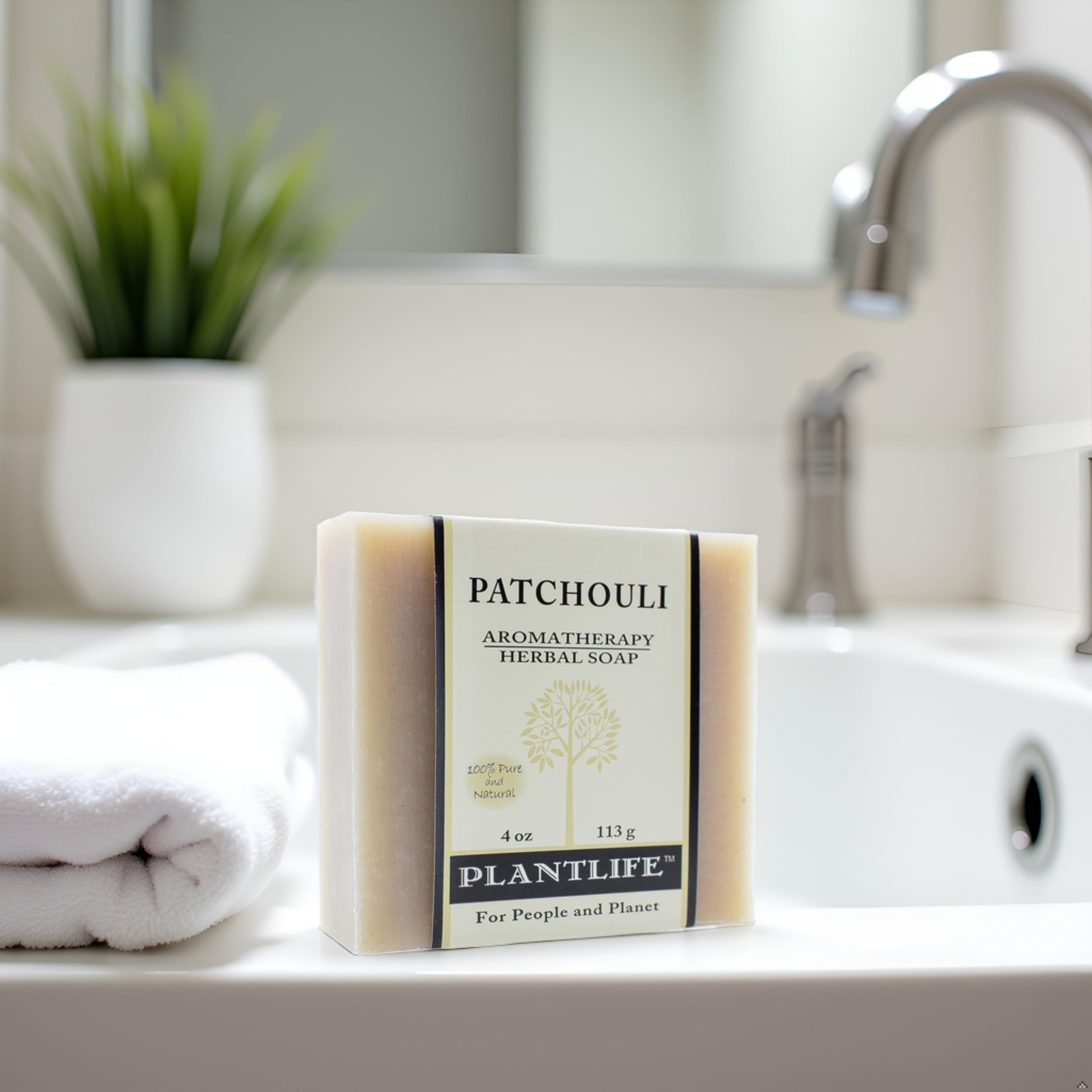 Plantlife patchouli bar soap close-up texture showing creamy surface and moisturizing feel