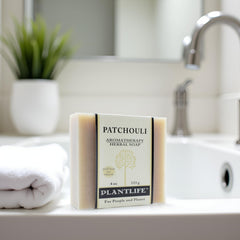 Plantlife patchouli bar soap close-up texture showing creamy surface and moisturizing feel