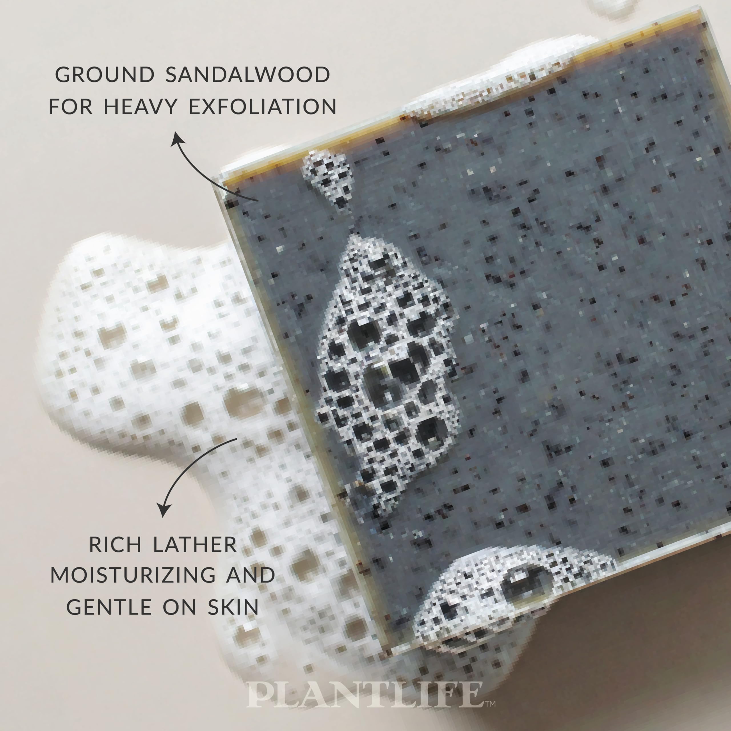 Plantlife sandalwood bar soap close-up texture highlights creamy, moisturizing surface