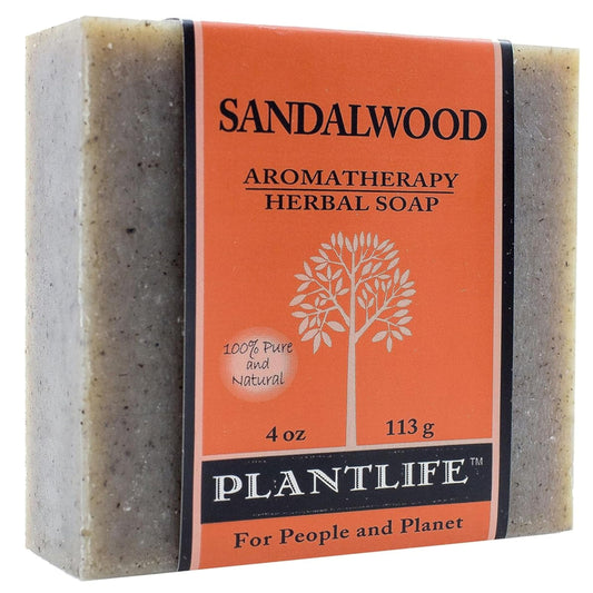 Plantlife sandalwood bar soap front packaging shows clean artisan branding and scent