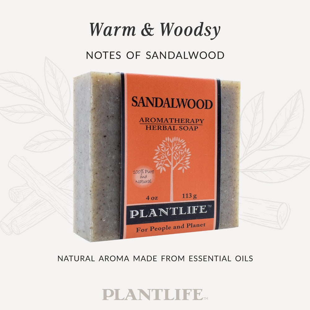 Plantlife sandalwood bar soap held in hand showing 4oz size for travel convenience