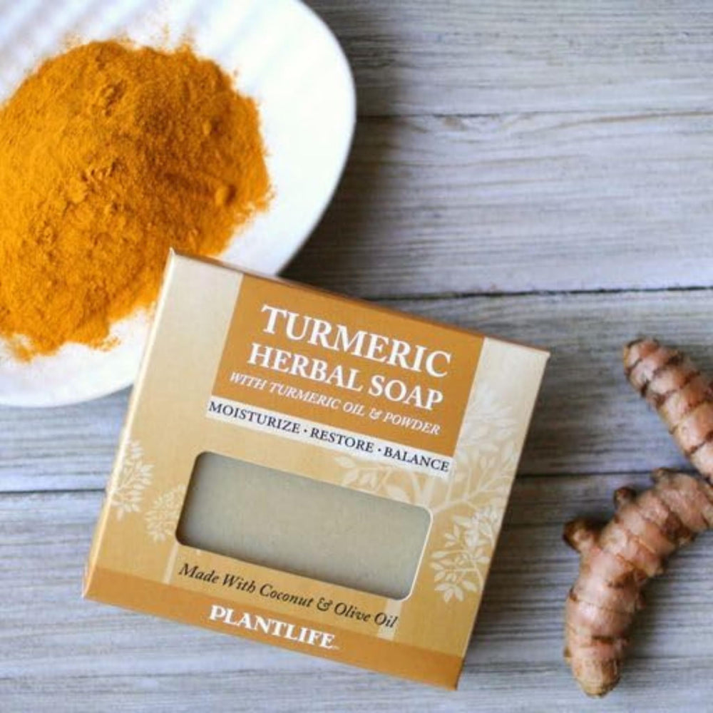 Plantlife turmeric bar soap side profile revealing thickness and long-lasting use benefit