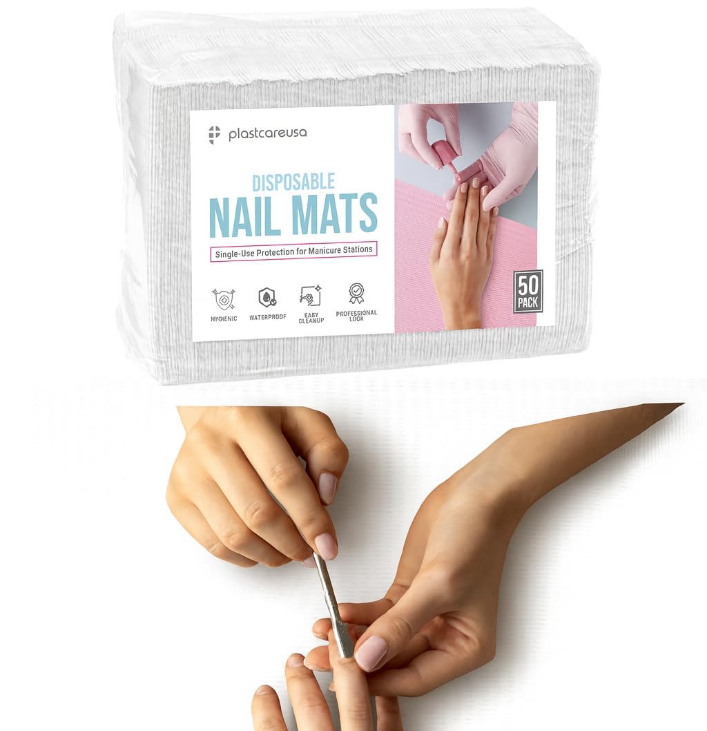PlastCare USA front packaging of 50 disposable nail mats protects surfaces