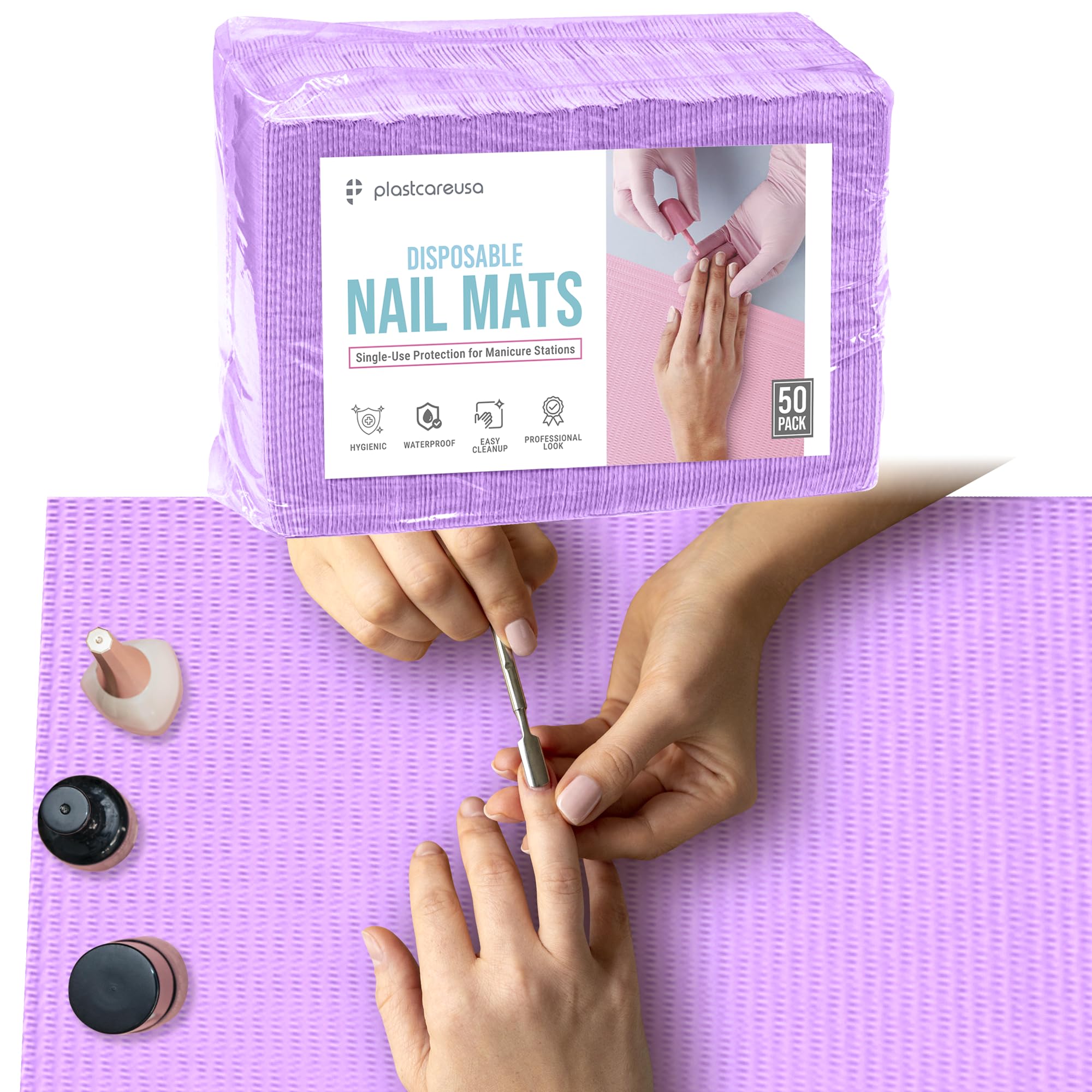PlastCare USA front packaging showing 50 purple disposable nail mats and benefits