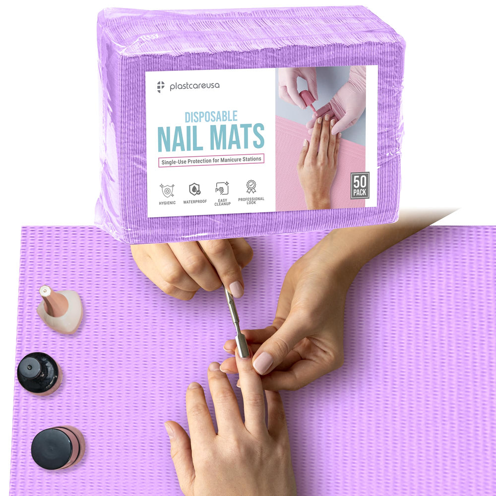 PlastCare USA front packaging showing 50 purple disposable nail mats and benefits
