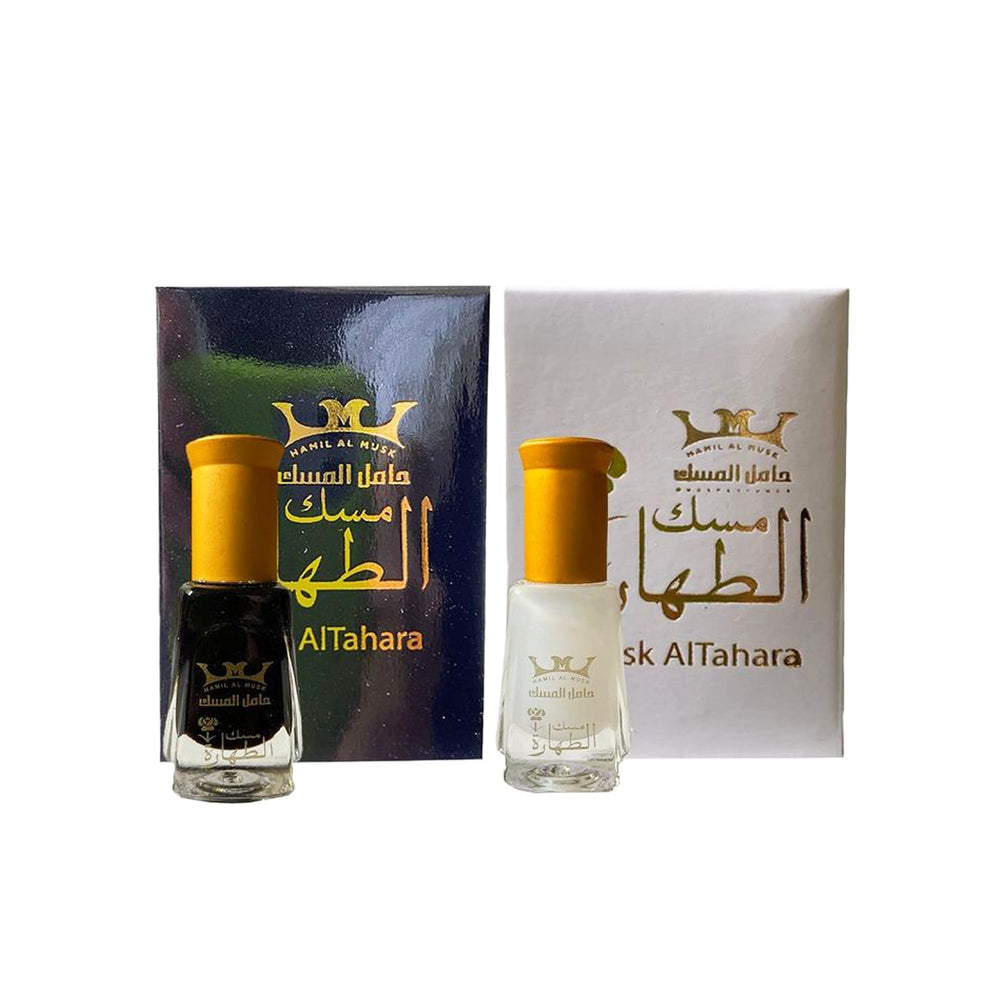 Platinum Egypt front view of two 6ml bottles showing black and white musk oils for lasting scent