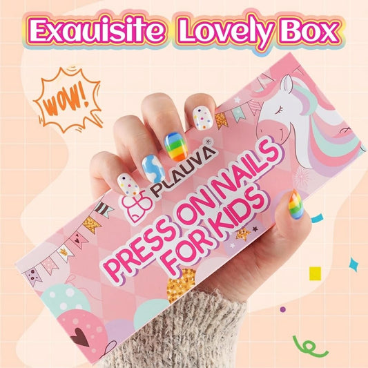 Plauva close-up of eight playful nail designs showcasing creative options for kids