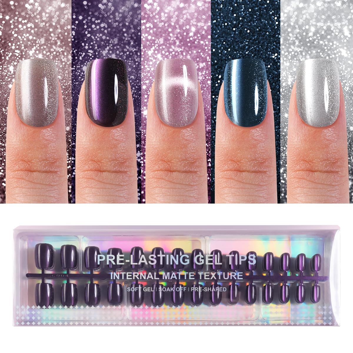Plauva front packaging of 150 cat eye press-on nails shows complete kit benefits