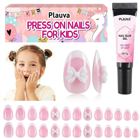Plauva front packaging showing full 26-piece kids nail set and glue benefit