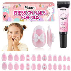 Plauva front packaging showing full 26-piece kids nail set and glue benefit