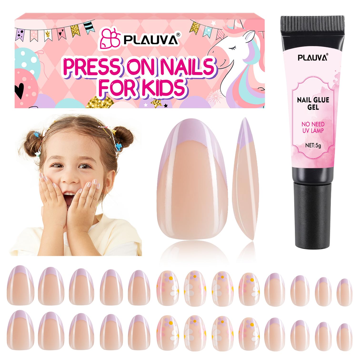 Plauva front set display showing purple daisy French tips and included glue for quick style