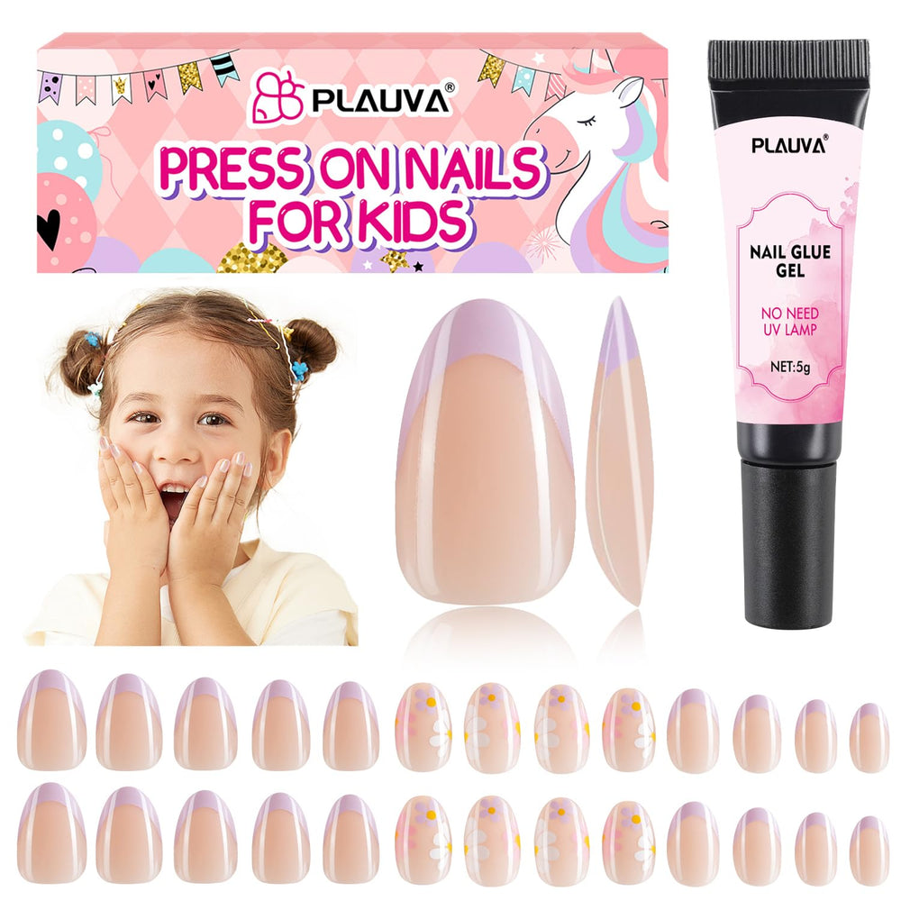 Plauva front set display showing purple daisy French tips and included glue for quick style