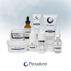 Plexaderm bottle on nighttime vanity portraying evening routine integration and restful repair