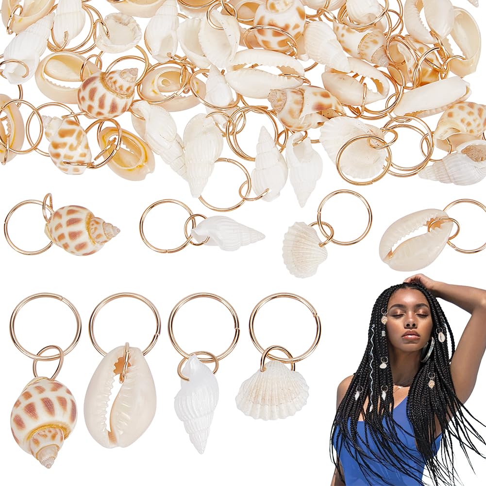 PLIGREAT front view of packaged 60-piece seashell dreadlock rings showing variety and quantity