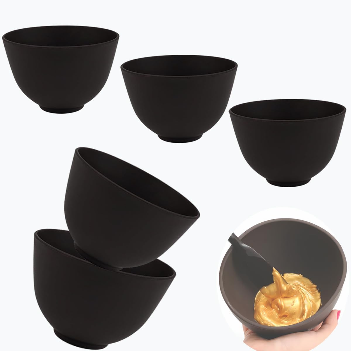 PLINNILUY front view of five black bowls showing compact set and neat storage benefit