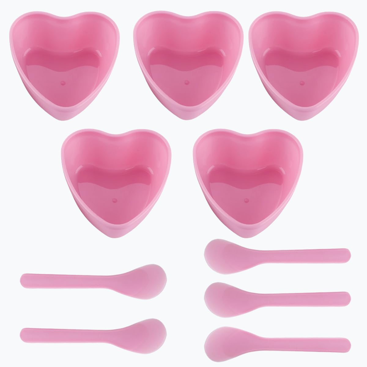 PLINNILUY front view of pink heart-shaped bowls showing set layout and organization benefit